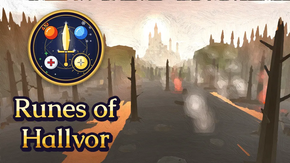 A burned forest path leads to the Library of Kelm in the haze, in the look of an oil painting, with the game logo above the title Runes of Hallvor on the left