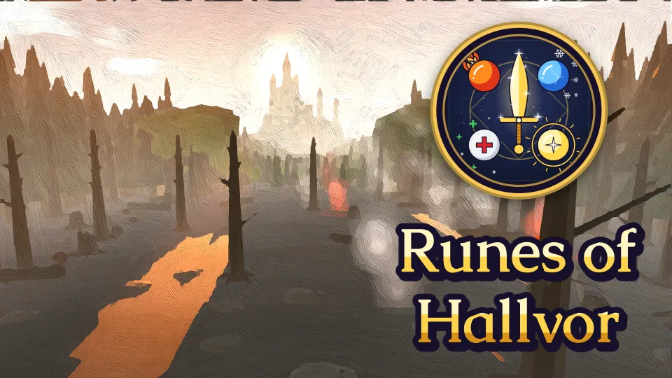 A burned forest path leads to the Library of Kelm in the haze, in the look of an oil painting, with the game logo above the title Runes of Hallvor on the right