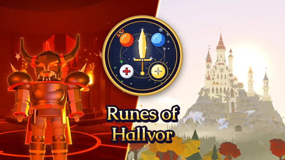 The Dragon Lord in glowing red armor in his throne hall on the left and the Library of Kelm on its mountain in bright light on the right, with the game logo above the title Runes of Hallvor in the middle