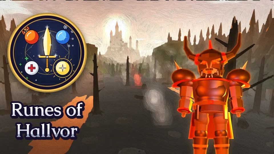In the look of an oil painting, the Dragon Lord in glowing red armor stands on the right of a burned forest path that leads to the Library of Kelm, with the game logo above the title Runes of Hallvor on the left