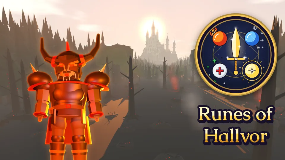 The Dragon Lord in glowing red armor stands on a burned forest path with the Library of Kelm in the haze behind him, and the game logo above the title Runes of Hallvor on the right