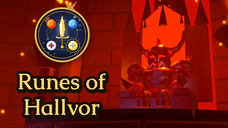 The Dragon Lord on his throne at the right of a dark red hall with floating sparks, with the game logo above the title Runes of Hallvor on the left