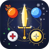 The game icon: a gold sword between four rune orbs for fire, ice, healing, and light