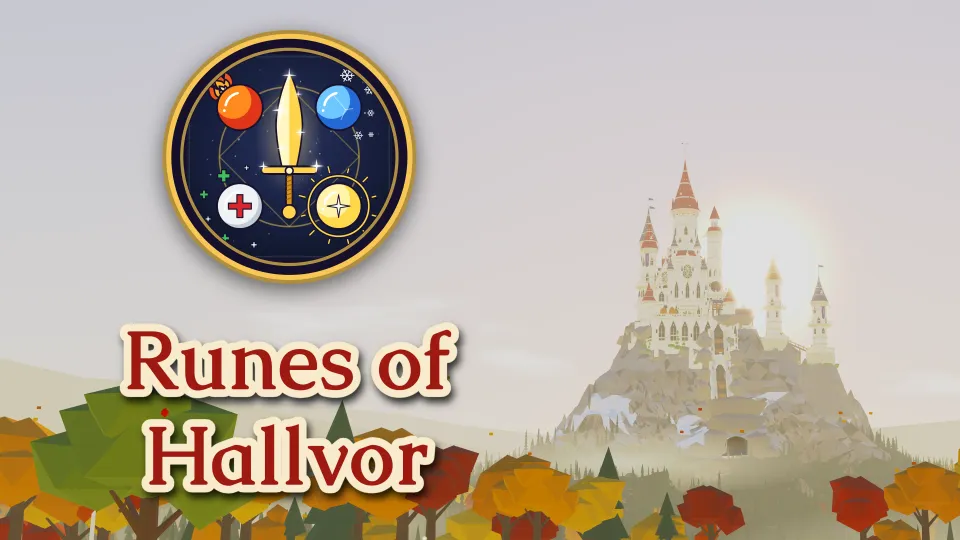 The Library of Kelm on the mountain summit on the right above an autumn forest, with the game logo above the title Runes of Hallvor in the sky on the left