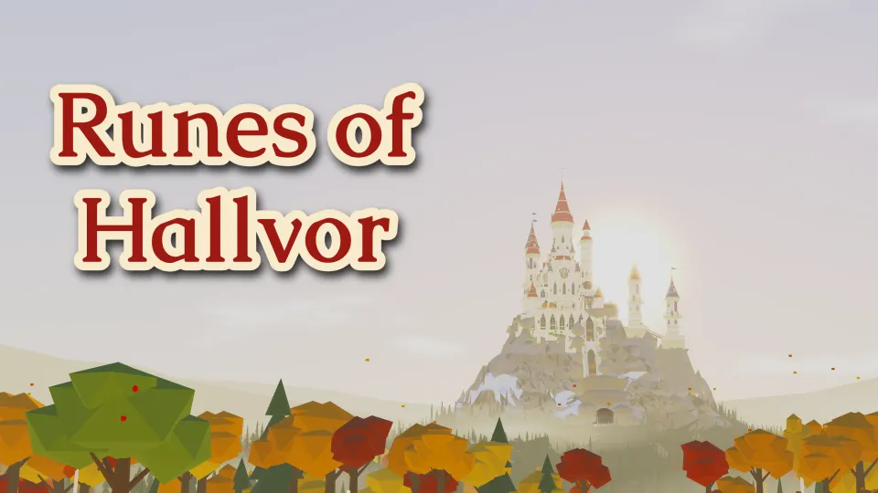 The Library of Kelm on the mountain summit above an autumn forest, with the title Runes of Hallvor in the sky