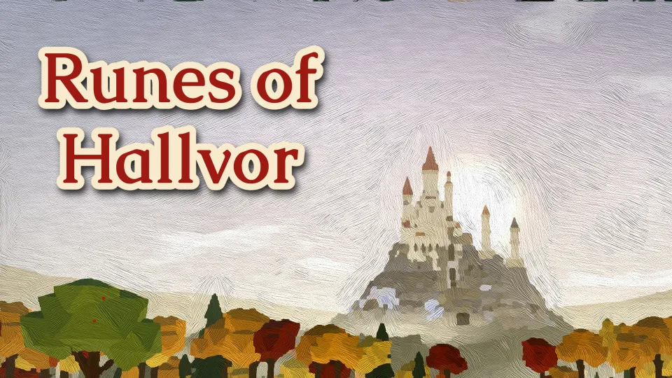 The Library of Kelm on the right above autumn trees in the look of an oil painting, with the title Runes of Hallvor in two lines at the upper left