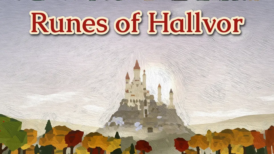 The Library of Kelm on its mountain above autumn trees in the look of an oil painting, with the title Runes of Hallvor in one line in the sky