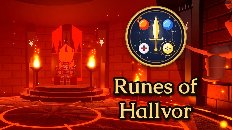The throne hall of the Dragon Lord in dark red light, with two burning torches beside the distant throne and the game logo above the title Runes of Hallvor on the right