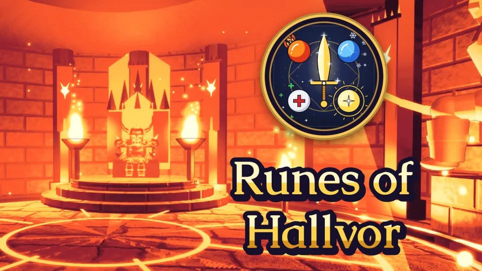 The throne hall of the Dragon Lord in orange ember light with the throne and two torches on the left, and the game logo above the title Runes of Hallvor on the right