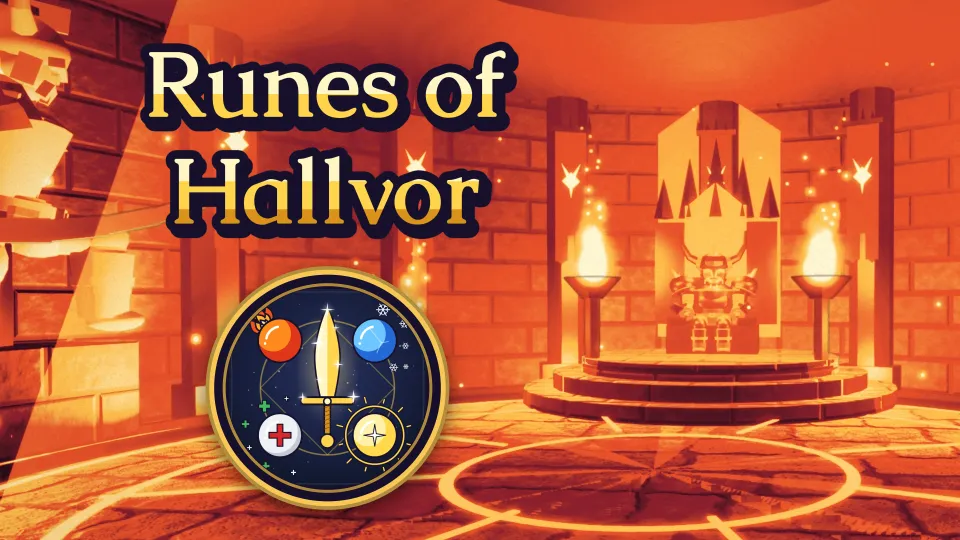 The throne hall of the Dragon Lord in bright orange ember light with the throne and two torches on the right, the title Runes of Hallvor at the upper left and the game logo below it