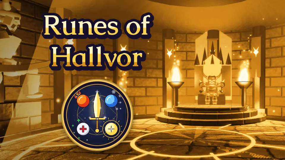 The throne hall of the Dragon Lord in golden light with the throne and two torches on the right, the title Runes of Hallvor at the upper left and the game logo below it