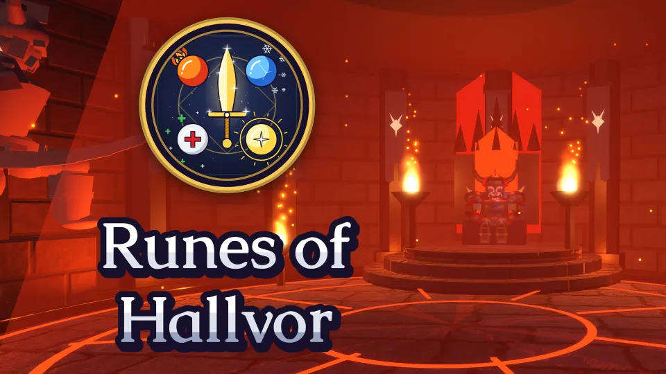 The throne hall of the Dragon Lord in red light with the throne and two torches on the right, and the game logo above the title Runes of Hallvor on the left