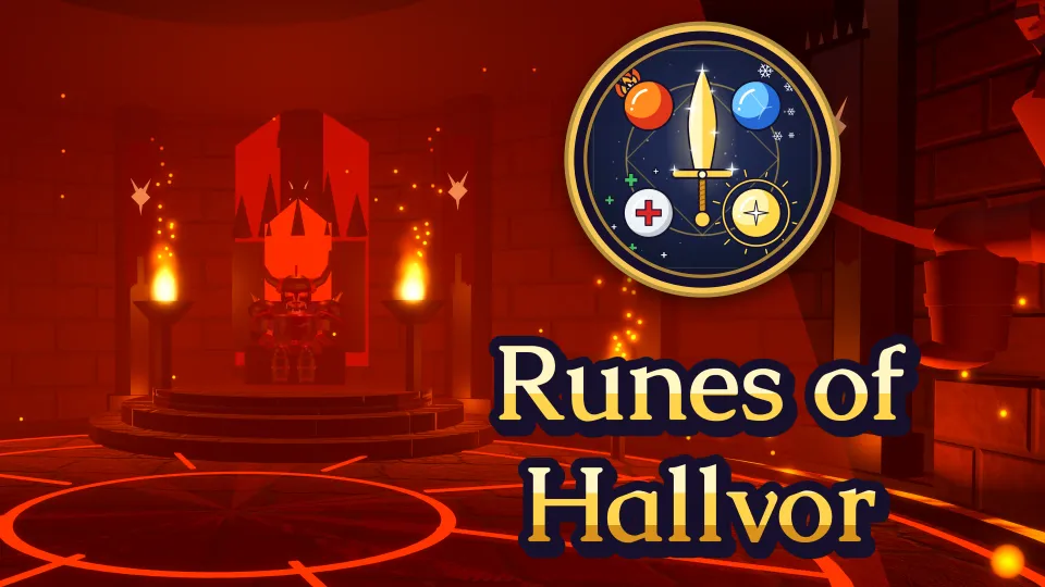 The throne hall of the Dragon Lord in red light, with two burning torches beside the distant throne and the game logo above the title Runes of Hallvor on the right